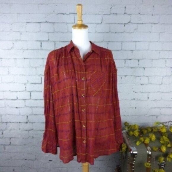 Free People Oversized Plaid Button Up Shirt Red - Picture 2 of 6